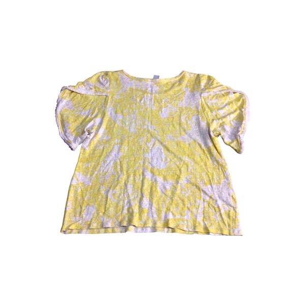 Chicos Size 2 Top Yellow White Linen Short Sleeve Blouse with Fringe Womens L - Picture 2 of 9